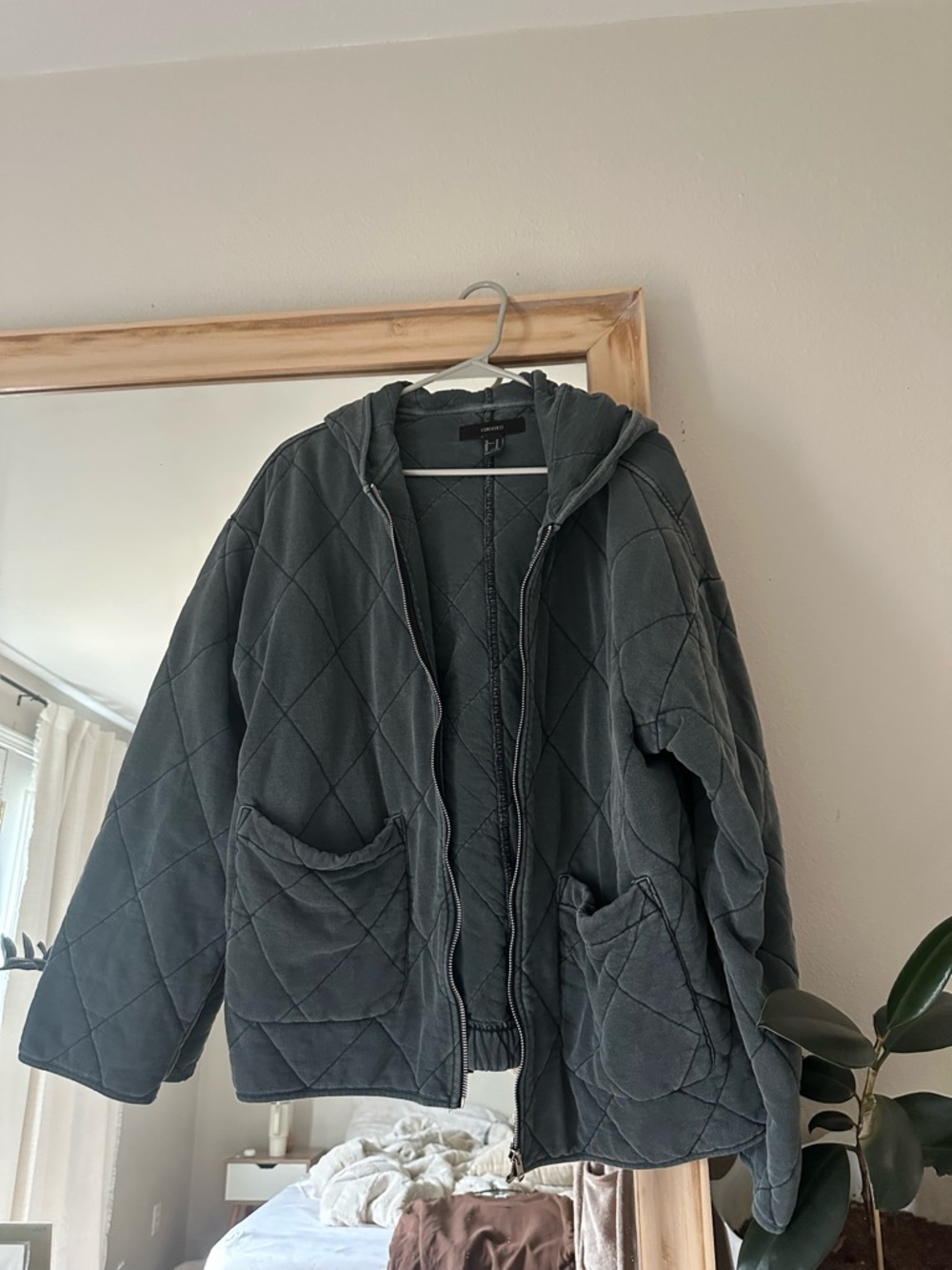 Forever 21 Quilted Hooded Jacket in Slate Gray